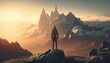 A person standing at the top of a mountain, overlooking a breathtaking landscape, sunny summer morning. Generative AI