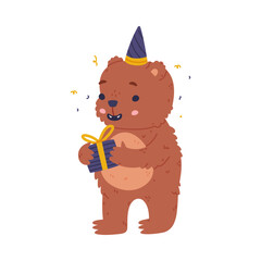 Sticker - Baby bear in party hat holding gift box. Cute wild brown animal character cartoon vector illustration