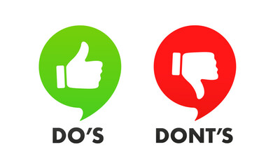 Thumbs up and thumbs up flat icon. I like it and I don't like it. Do's and Don'ts. Recommendation icons, good and bad choice labels. Vote web buttons with with man hand. Vector illustration