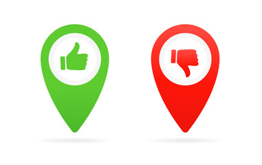 Poster - Point on the map with thumb up and down icon. Like pointer icons. Response. Likes and dislikes markers. Vector illustration