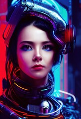 Wall Mural - Portrait of a sci-fi cyberpunk girl. High-tech futuristic woman from the future. The concept of virtual reality and cyberpunk. Generative AI Art.