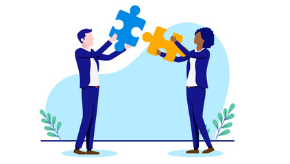 Fototapete - Business puzzle - Two businesspeople solving problem and connecting jigsaw puzzle pieces together. Flat design vector illustration with white background