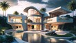 © Seek and Find - big luxury house with beautiful front garden and big pool , real estate background design,  Generative Ai