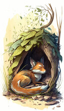  A Drawing Of A Fox In A Birdhouse With Leaves.  Generative Ai
