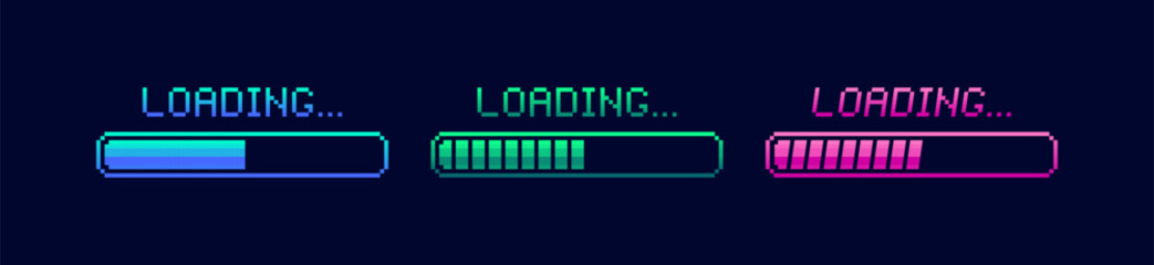 Poster - pixel art 8-bit loading bar isolated on dark background. loading or installing process. vector illus
