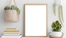 Empty Wall Decor Wooden Picture Frame In Living Room With Green Pot Plant In Boho And Minimalism Style Decoration, Black White Space For Your Photo Or Message,  Generative Ai