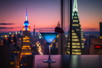 cocktail in a high altitude bar overlooking skyscrapers in a big city