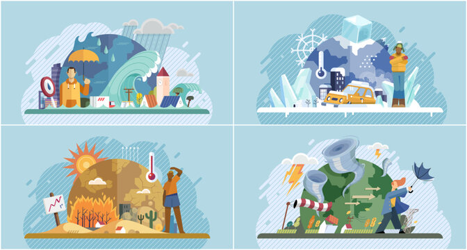 extreme weather conditions. natural disasters cartoon vector set. catastrophe, cataclysm. downpour w