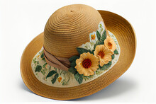 Summer Wicker Hat With Wide Brim With Flowers. Women Hat Protection From The Sun. Ai Generated