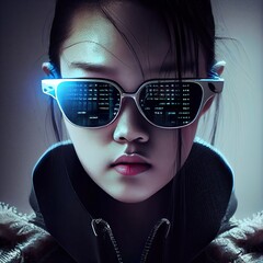 Wall Mural - Portrait of a sci-fi cyberpunk girl. High-tech futuristic woman from the future. The concept of virtual reality and cyberpunk. Generative AI Art.