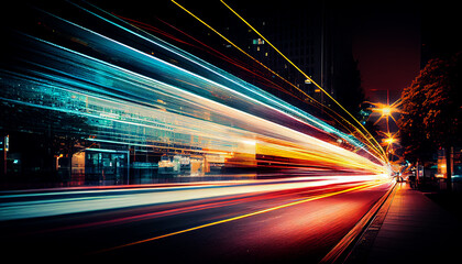 Wall Mural - abstract long exposure dynamic speed light trails in an urban environment. generative ai