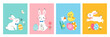 Set of Easter templates for posters, paper bags, cover, greeting cards , banners with white bunnies, chick, Easter eggs and spring flowers in cute cartoon style.