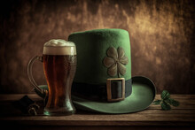 Mug Of Beer With A St. Patrick's Day Hat And Shamrock On A Table