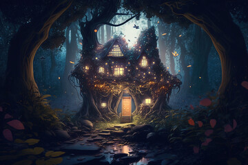 Wall Mural - Fantasy house in magic forest at night, fairytale habitation in trees, generative AI