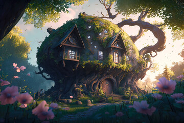 Wall Mural - Fantasy house in magic forest, fairytale habitation in tree trunk, generative AI.