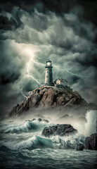  Leuchtturm bei Nacht im Sturm Surreal Digital Art Gemälde Generative AI Digital Kunst Illustration Background Hintergrund