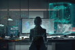 © ted - Business woman working on computer, futuristic data,holographic information.