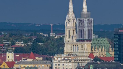 Sticker - Zagreb (capital of Croatia) cathedral and modern skyscraper with a old city panorama timelapse. Top aerial view from skyscraper