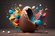 Chocolate egg exploding and melting on the table. Colored eggs in the background.
Generative AI