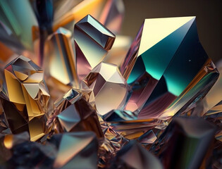 Wall Mural - Abstract background of shiny translucent crystals, each with its unique shape and color. The crystals appear to be illuminated from within, creating a captivating glow and a sense of depth. 