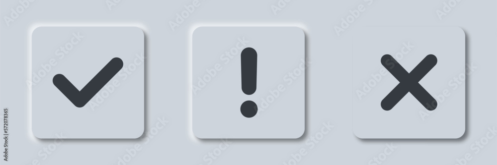 Round check mark button in neumorphism style. Vector symbols set grey ...