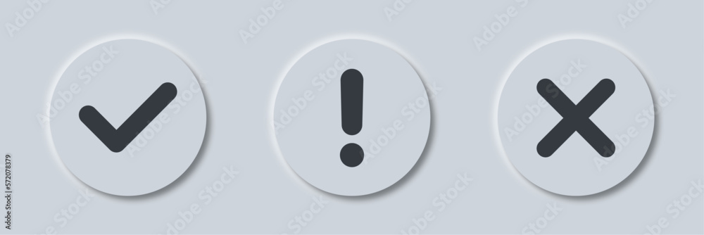 Round check mark button in neumorphism style. Vector symbols set grey ...