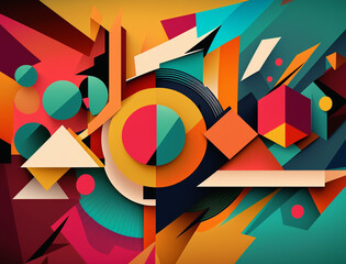 Wall Mural - Eye-catching image showcases a mesmerizing abstract composition of geometric shapes in bold and bright colors. The combination of angular shapes and vivid hues creates a sense of movement and energy.