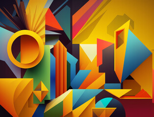 Wall Mural - Eye-catching image showcases a mesmerizing abstract composition of geometric shapes in bold and bright colors. The combination of angular shapes and vivid hues creates a sense of movement and energy.