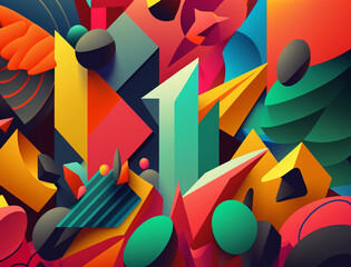 Wall Mural - Eye-catching image showcases a mesmerizing abstract composition of geometric shapes in bold and bright colors. The combination of angular shapes and vivid hues creates a sense of movement and energy.