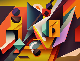 Wall Mural - Eye-catching image showcases a mesmerizing abstract composition of geometric shapes in bold and bright colors. The combination of angular shapes and vivid hues creates a sense of movement and energy.