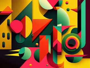Wall Mural - Eye-catching image showcases a mesmerizing abstract composition of geometric shapes in bold and bright colors. The combination of angular shapes and vivid hues creates a sense of movement and energy.