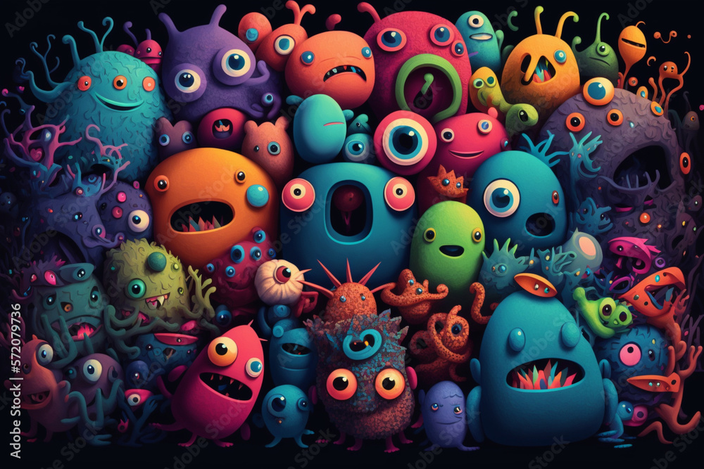 Many colorful cute alien monsters trapped and smushed together, scared monsters in a group collage. Generative AI illustration