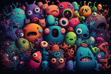 Many Colorful Cute Alien Monsters Trapped And Smushed Together, Scared Monsters In A Group Collage. Generative AI Illustration