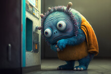 Sad Old Alien Monster Checking The ATM Machine For Money. Social Issues, Aliens In The Bank, Generative AI Illustration