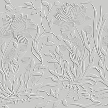Lotus. 3d Embossed Lines Floral Seamless Pattern. Textured Lotus Flowers Relief Background. Repeat Emboss Plants Backdrop. Surface Leaves, Flowers. 3d Line Art Flowers Ornament With Embossing Effect.