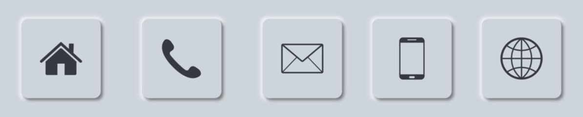 Poster - Web kontakt button in neumorphism style. Contact icons buttons set. Vector illustration.