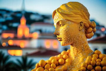 Portrait of a lemon girl sculpture in Menton by the lemon festival - generative ai