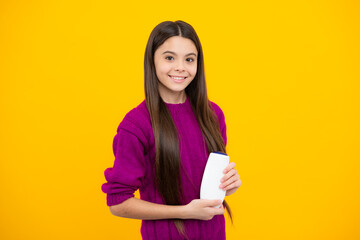 Canvas Print - Teenage girl with shampoos conditioners or shower gel. Kids hair care cosmetic product, shampoo bottle.