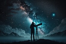 Scientist Looking Through A Telescope At A Night Sky, Concept Of Exploring Universe And Stargazing, Created With Generative AI Technology