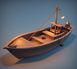 Wall Mural - Small wooden fisherboat, 3d isometric reference model, AI generated