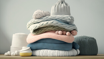 Stack of folded wool knitted baby clothes and accessories. Generative AI