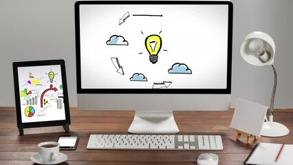Animation of financial data processing over business icons on computer screen