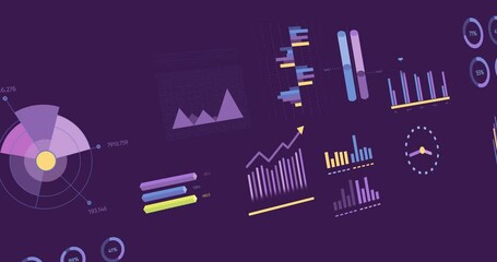 Animation of statistics and financial data processing over purple background