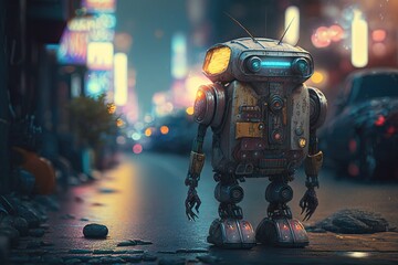 old, LITTLE and funny cut yellow scrap robot on the junkyard,full body,cyberpunk colored light around him , futuristic city on background