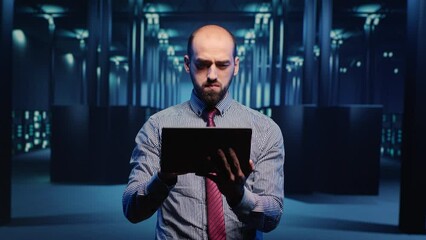 Poster - male infrastructure specialist using tablet for hardware digitalization, inspecting cloud computing 