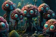 Hallucinogenic mushrooms in the form of monsters, concept of Psychedelic Art and Surrealism, created with Generative AI technology