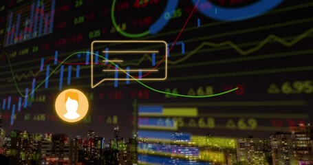 Poster - Animation of profile and message icons over stock market data processing against night cityscape