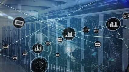 Poster - Animation of network of digital icons and interface with data processing against server room