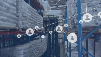 Poster - Animation of network of profiles over overhead view of male worker operating forklift at warehouse