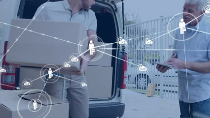 Poster - Animation of network of icons over caucasian male delivery man stacking boxes in delivery truck